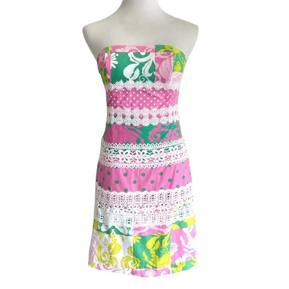 LILLY Pulitzer Patch of Paradise Strapless White Label Vintage Dress Size 2 - Picture 1 of 12